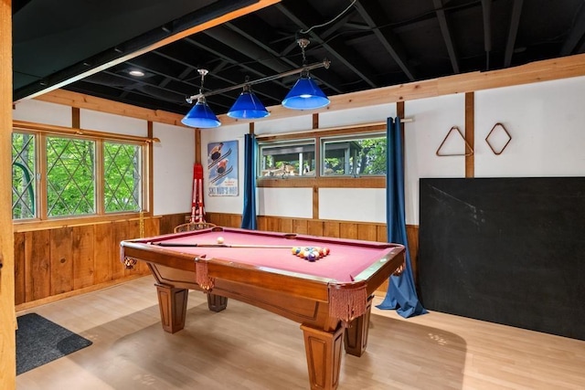 426 Chamonix Ln, Harbor Springs, MI 49740 - rec room with wood finished floors, a wainscoted wall, pool table, and wooden walls