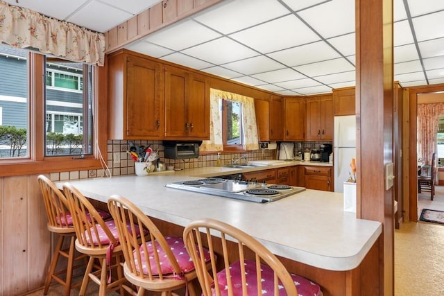 1788 N Shore Dr, Walloon Lake, MI 49796 - kitchen with freestanding refrigerator, light countertops, a sink, a peninsula, and a paneled ceiling