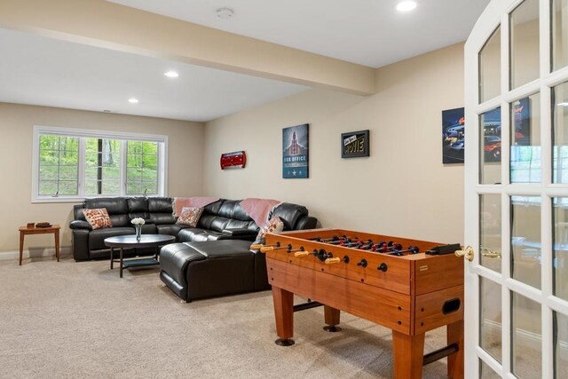 6707 Cottage Ct Unit 40, Bay Harbor, MI 49770 - recreation room featuring light colored carpet, recessed lighting, and baseboards