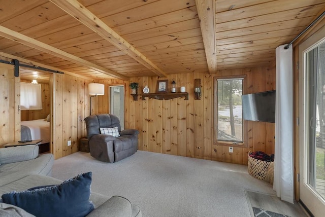 21677 Bluffs Hwy, Onaway, MI 49765 - living room with wooden ceiling with exposed beams, carpet flooring, and wood walls