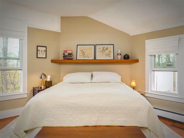 7671 Hoyt Rd, Harbor Springs, MI 49740 - bedroom featuring a baseboard radiator, vaulted ceiling, wood finished floors, and baseboards