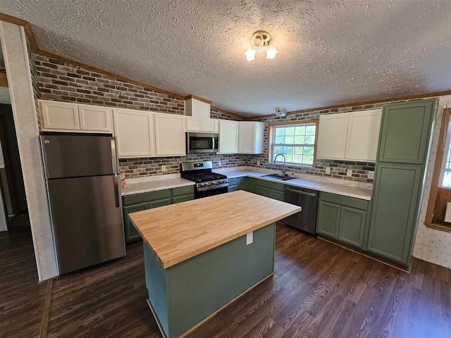 394 Townline Rd, Pellston, MI 49769 - kitchen featuring green cabinets, appliances with stainless steel finishes, wooden counters, a sink, and lofted ceiling