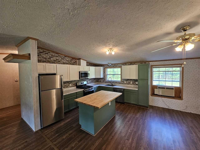 394 Townline Rd, Pellston, MI 49769 - kitchen featuring stainless steel appliances, green cabinetry, dark wood-style floors, lofted ceiling, and wooden counters