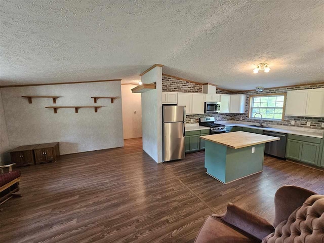 394 Townline Rd, Pellston, MI 49769 - kitchen with stainless steel appliances, green cabinetry, a sink, dark wood finished floors, and a textured ceiling