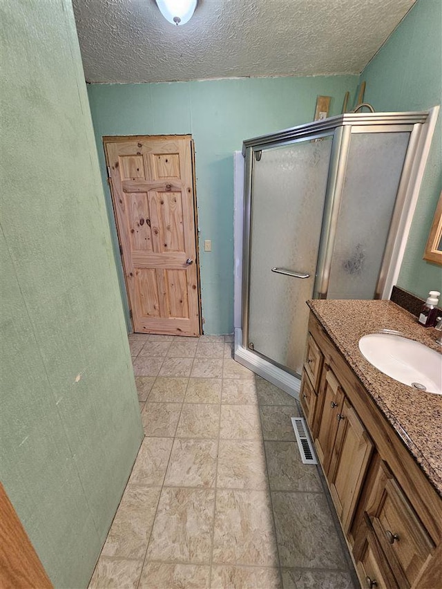 394 Townline Rd, Pellston, MI 49769 - bathroom with a shower stall, vanity, a textured ceiling, and stone finish flooring