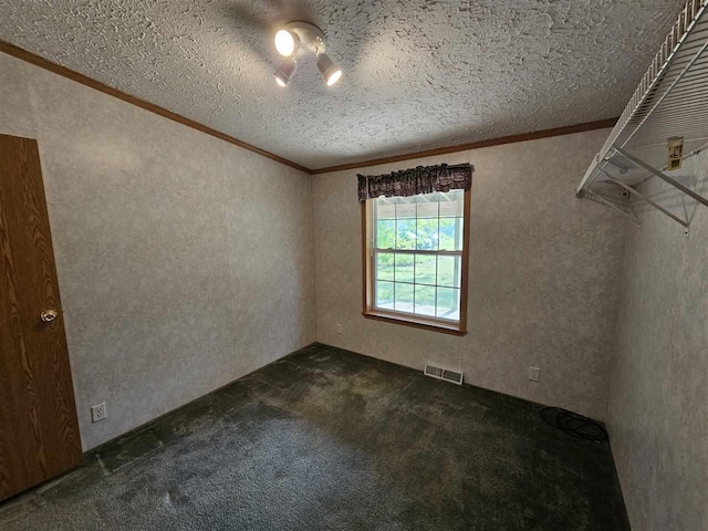 394 Townline Rd, Pellston, MI 49769 - spare room featuring crown molding, dark colored carpet, a textured wall, and a textured ceiling