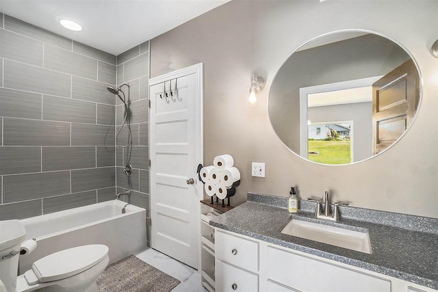 5791 Lebaron St, Levering, MI 49755 - full bath featuring toilet, vanity,  shower combination, and marble look tile flooring