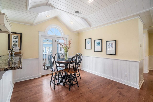 193 E Main St Unit 4, Harbor Springs, MI 49740 - dining room with hardwood / wood-style flooring, wainscoting, lofted ceiling, and wooden ceiling