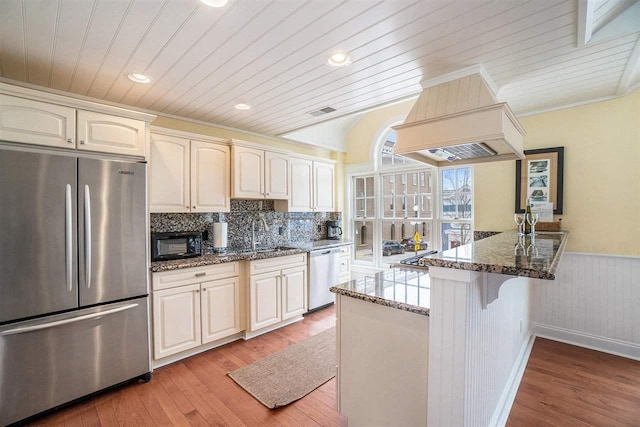 193 E Main St Unit 4, Harbor Springs, MI 49740 - kitchen featuring stainless steel appliances, light wood finished floors, a peninsula, wainscoting, and dark stone counters