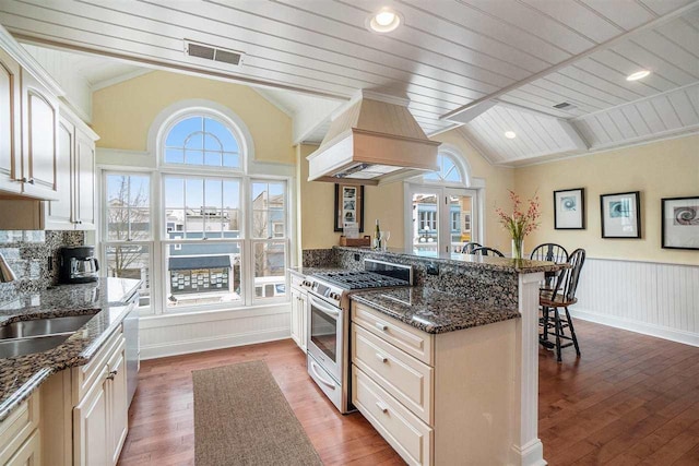 193 E Main St Unit 4, Harbor Springs, MI 49740 - kitchen featuring stainless steel range with gas stovetop, lofted ceiling, a sink, custom range hood, and a breakfast bar area