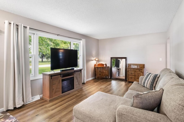 1105 Grant St, Charlevoix, MI 49720 - living room with light wood-style flooring, a textured ceiling, and baseboards