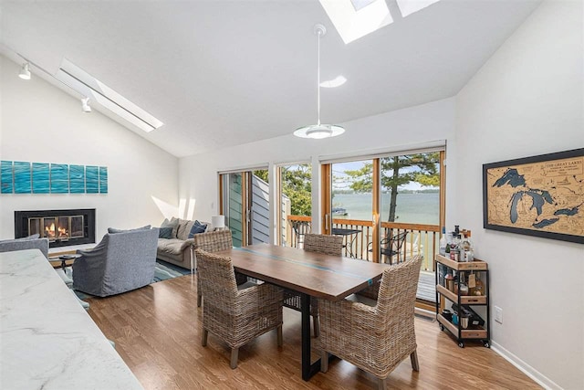 3480 Lakeside Dr N Unit 35, Petoskey, MI 49770 - dining room featuring a skylight, vaulted ceiling, wood finished floors, a glass covered fireplace, and a water view