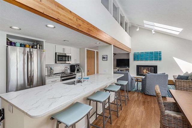 3480 Lakeside Dr N Unit 35, Petoskey, MI 49770 - kitchen with stainless steel appliances, a sink, a skylight, a glass covered fireplace, and wood finished floors
