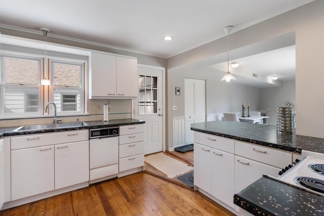 1029 Howard St, Petoskey, MI 49770 - kitchen with a sink, crown molding, white cabinetry, light wood-type flooring, and hanging light fixtures