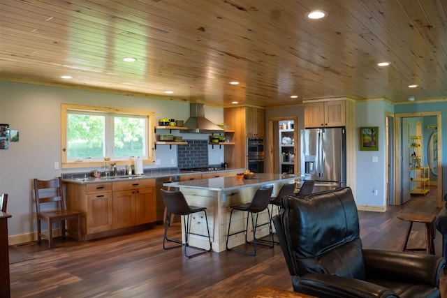 8512 Dutchman Bay Rd, East Jordan, MI 49727 - kitchen with stainless steel appliances, extractor fan, wooden ceiling, a kitchen bar, and a kitchen island