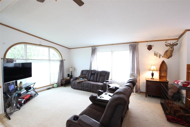 6685 M-66 Hwy, Charlevoix, MI 49720 - living room with carpet flooring, crown molding, a ceiling fan, and vaulted ceiling