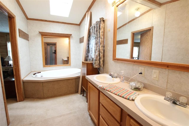 6685 M-66 Hwy, Charlevoix, MI 49720 - bathroom with double vanity, a bath, and crown molding