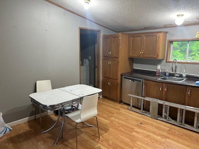 9540 Pickerel Lake Rd, Petoskey, MI 49770 - kitchen featuring stainless steel dishwasher, dark countertops, light wood finished floors, a textured ceiling, and lofted ceiling