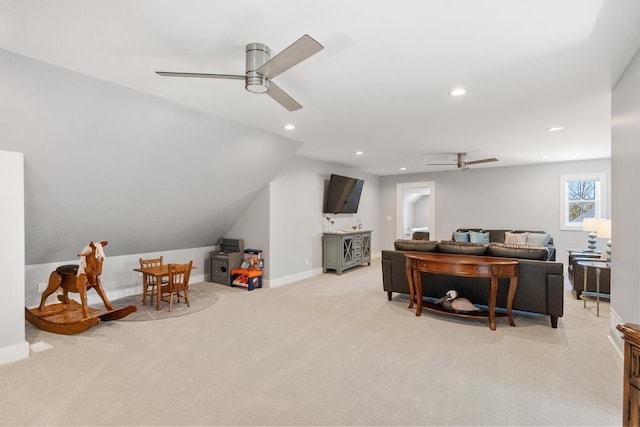 135 Beaubien Ave, Petoskey, MI 49770 - living room featuring a ceiling fan, light colored carpet, recessed lighting, and lofted ceiling