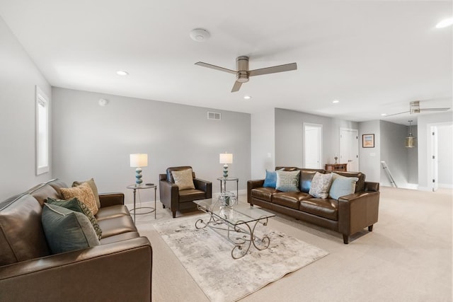 135 Beaubien Ave, Petoskey, MI 49770 - living room featuring ceiling fan, light colored carpet, and recessed lighting