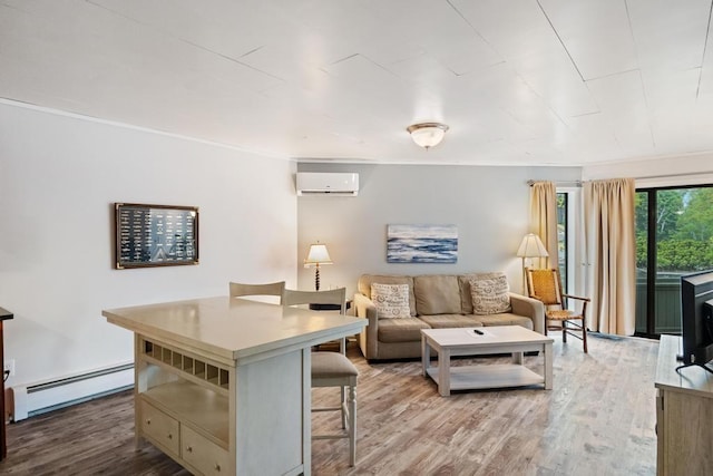 101 Michigan Ave Unit 107, Charlevoix, MI 49720 - living room featuring a baseboard heating unit, a wall mounted air conditioner, wood finished floors, and crown molding