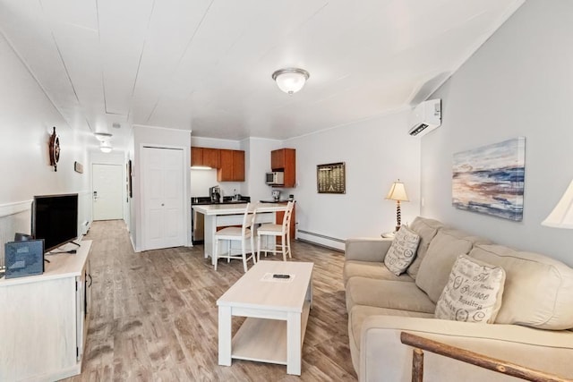 101 Michigan Ave Unit 107, Charlevoix, MI 49720 - living area with baseboard heating, light wood-style floors, and a wall mounted AC