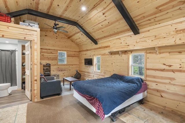 168 Townline Rd, Pellston, MI 49769 - bedroom featuring wood walls, multiple windows, wooden ceiling, wood finished floors, and ensuite bath