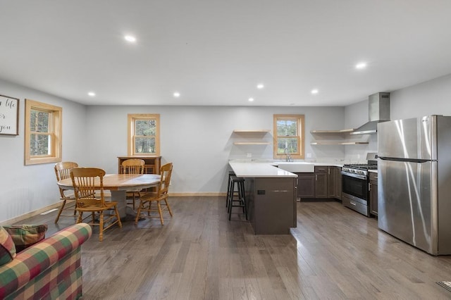 168 Townline Rd, Pellston, MI 49769 - kitchen with appliances with stainless steel finishes, wall chimney range hood, open shelves, a peninsula, and recessed lighting