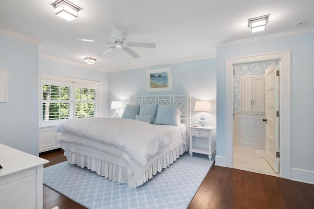 145 Traverse St, Harbor Springs, MI 49740 - bedroom with dark wood finished floors, crown molding, and ceiling fan