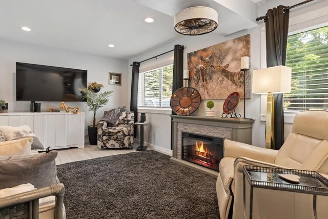 1116 N Lake St, Boyne City, MI 49712 - living room featuring wood finished floors, recessed lighting, and a glass covered fireplace