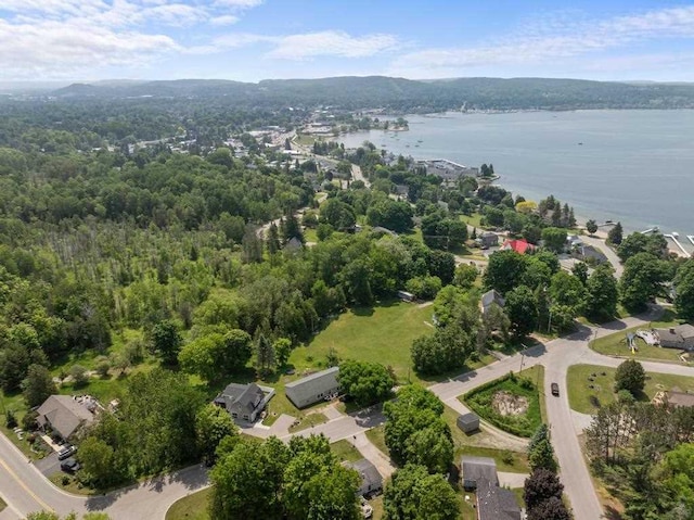 1116 N Lake St, Boyne City, MI 49712 - aerial view of property and surrounding area with a nearby body of water and a heavily wooded area