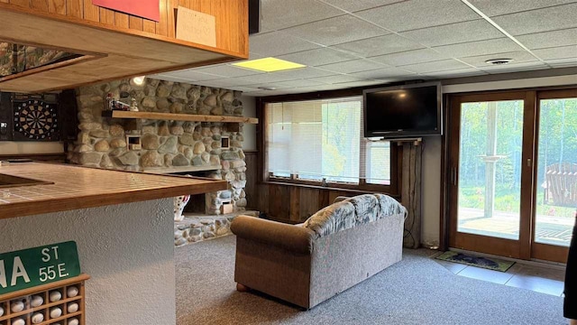 2160 Kladder Rd, Bellaire, MI 49615 - living room with carpet floors, a drop ceiling, and a stone fireplace
