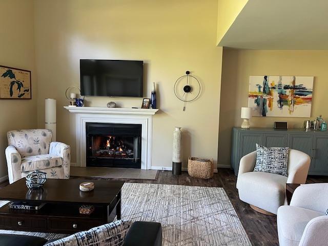 700 Fairways Dr Unit 14, Harbor Springs, MI 49740 - living room with wood finished floors and a lit fireplace