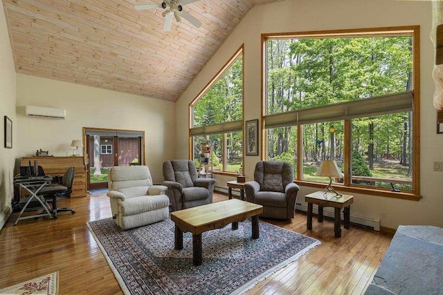 6989 Meadowlark Way, Gaylord, MI 49735 - living room featuring a wall mounted AC, high vaulted ceiling, wood-type flooring, baseboard heating, and ceiling fan