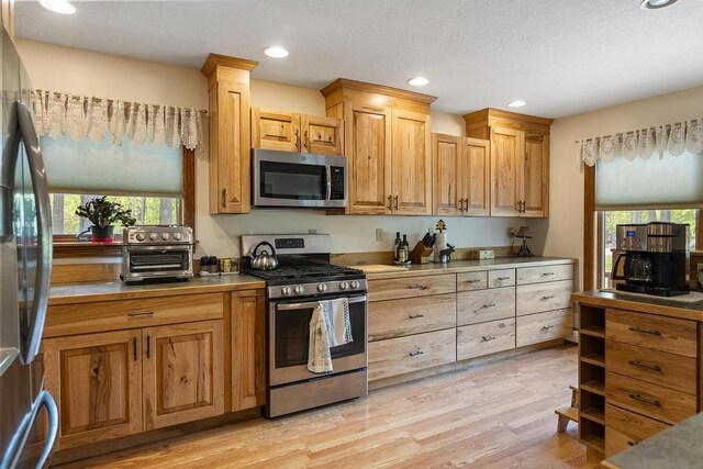 6989 Meadowlark Way, Gaylord, MI 49735 - kitchen featuring appliances with stainless steel finishes, light wood-type flooring, recessed lighting, light countertops, and open shelves