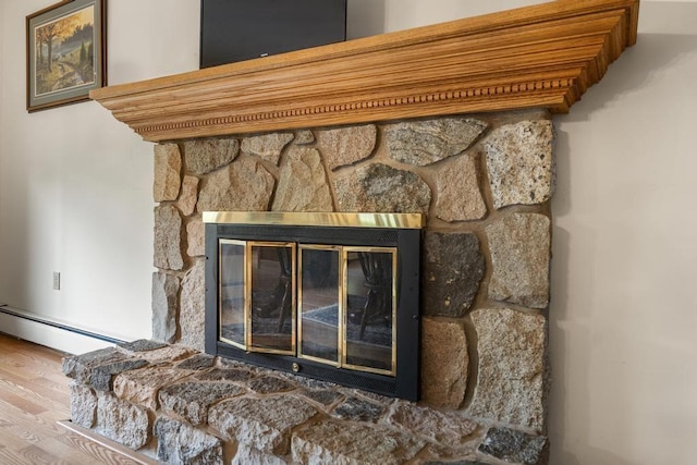 6989 Meadowlark Way, Gaylord, MI 49735 - detailed view of a baseboard radiator, a stone fireplace, and wood finished floors