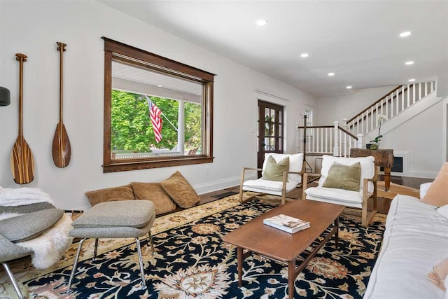 606 State St, Petoskey, MI 49770 - living room featuring recessed lighting, stairway, and wood finished floors