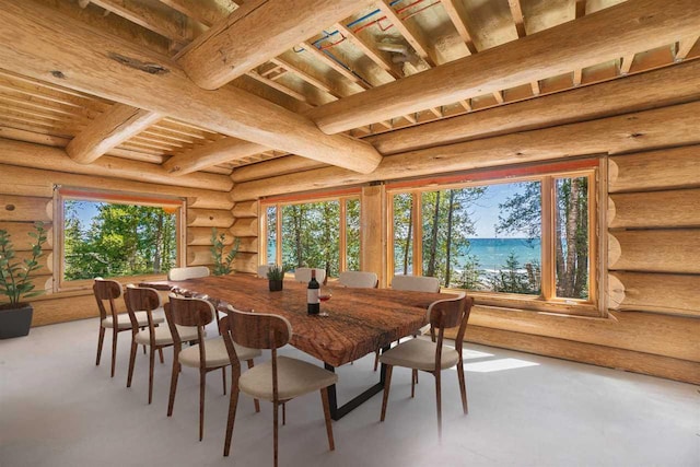 7177 Albany Point Rd, Presque Isle, MI 49777 - dining area with a wooden ceiling with exposed beams and rustic walls