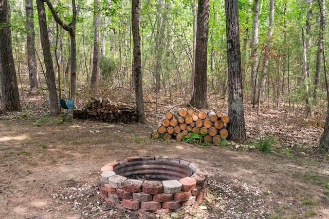 3049 Chippewa Beach Rd, Indian River, MI 49749 - view of yard with an outdoor fire pit and a wooded view