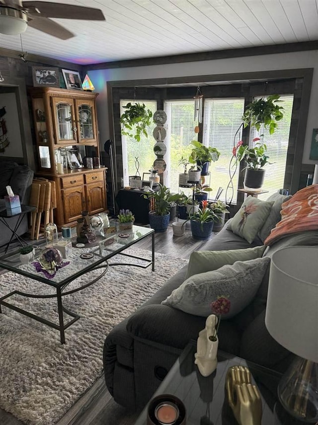 6515 Pincherry Rd, Charlevoix, MI 49720 - living room featuring wood finished floors, plenty of natural light, ceiling fan, and wood ceiling