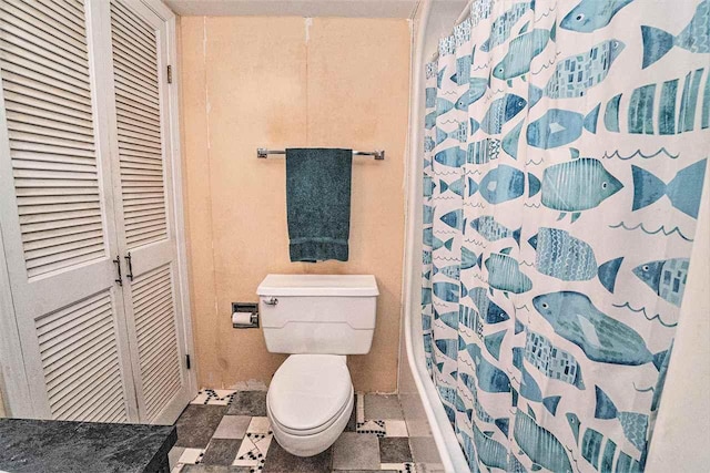 5272 Indian Garden Rd, Petoskey, MI 49770 - bathroom with a closet and a shower with shower curtain