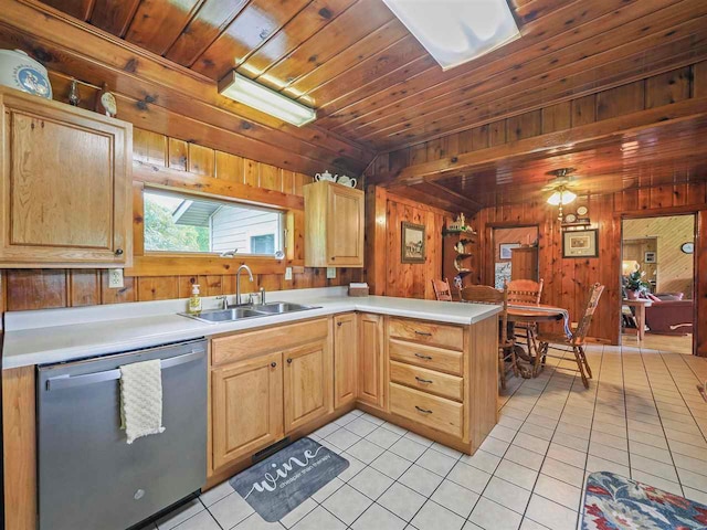 1922 Freeman Rd, East Jordan, MI 49727 - kitchen featuring dishwasher, wooden walls, light tile patterned floors, light countertops, and a peninsula