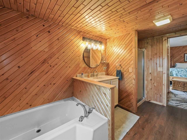 1922 Freeman Rd, East Jordan, MI 49727 - full bathroom with wooden ceiling, ensuite bath, a bath, a shower stall, and vanity