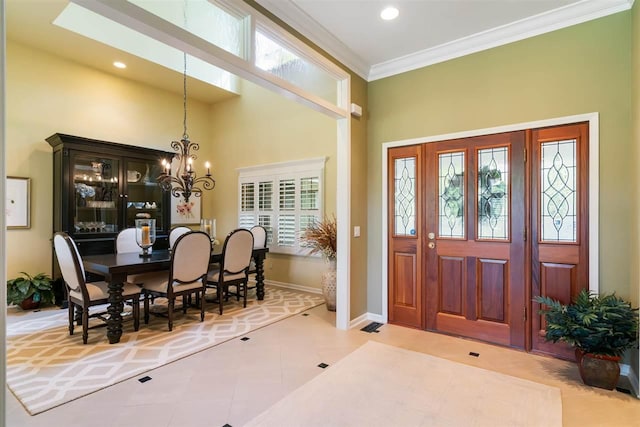 690 Woodhill Unit 6, Harbor Springs, MI 49740 - tiled entryway with ornamental molding, a chandelier, recessed lighting, and a towering ceiling