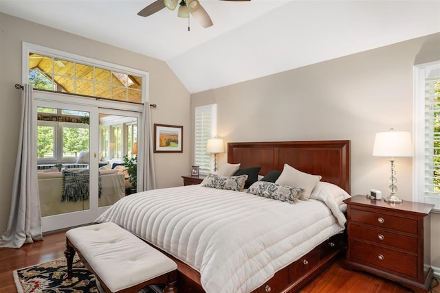 690 Woodhill Unit 6, Harbor Springs, MI 49740 - bedroom featuring access to exterior, multiple windows, dark wood-style floors, and vaulted ceiling