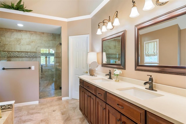 690 Woodhill Unit 6, Harbor Springs, MI 49740 - bathroom featuring double vanity, a shower stall, crown molding, and tile patterned floors