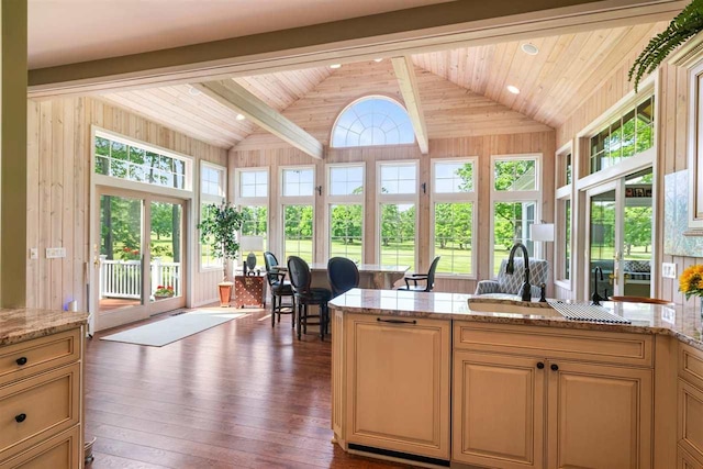 690 Woodhill Unit 6, Harbor Springs, MI 49740 - kitchen with dark wood-style floors, plenty of natural light, light stone counters, and wooden ceiling