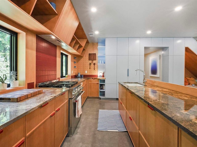 5277 Tyrol Ln, Harbor Springs, MI 49740 - kitchen with open shelves, high end range, concrete flooring, dark stone counters, and recessed lighting