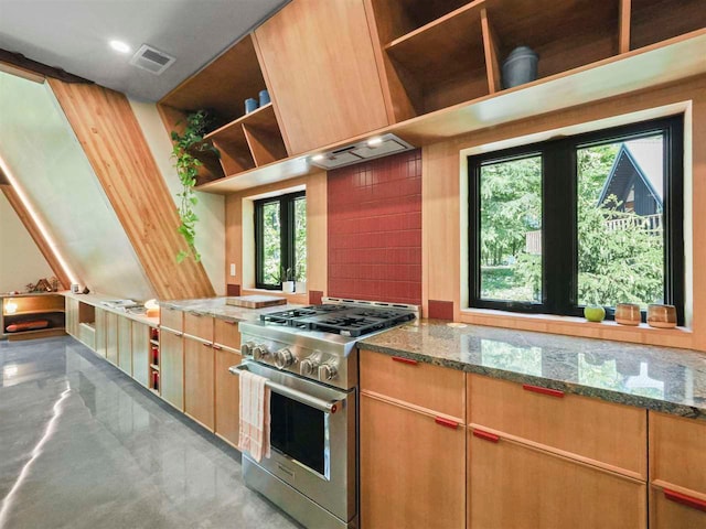 5277 Tyrol Ln, Harbor Springs, MI 49740 - kitchen with stainless steel range, open shelves, and stone countertops