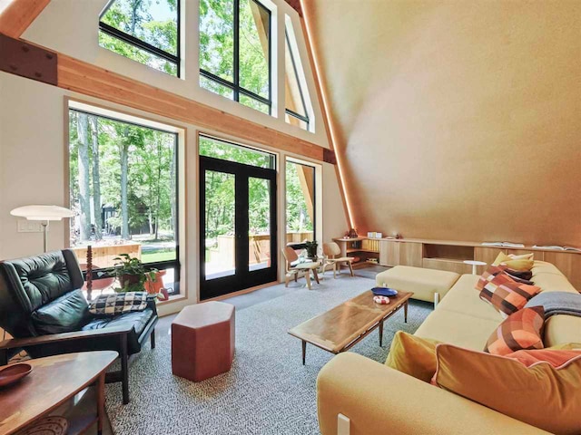 5277 Tyrol Ln, Harbor Springs, MI 49740 - living area with carpet flooring, plenty of natural light, french doors, and a high ceiling